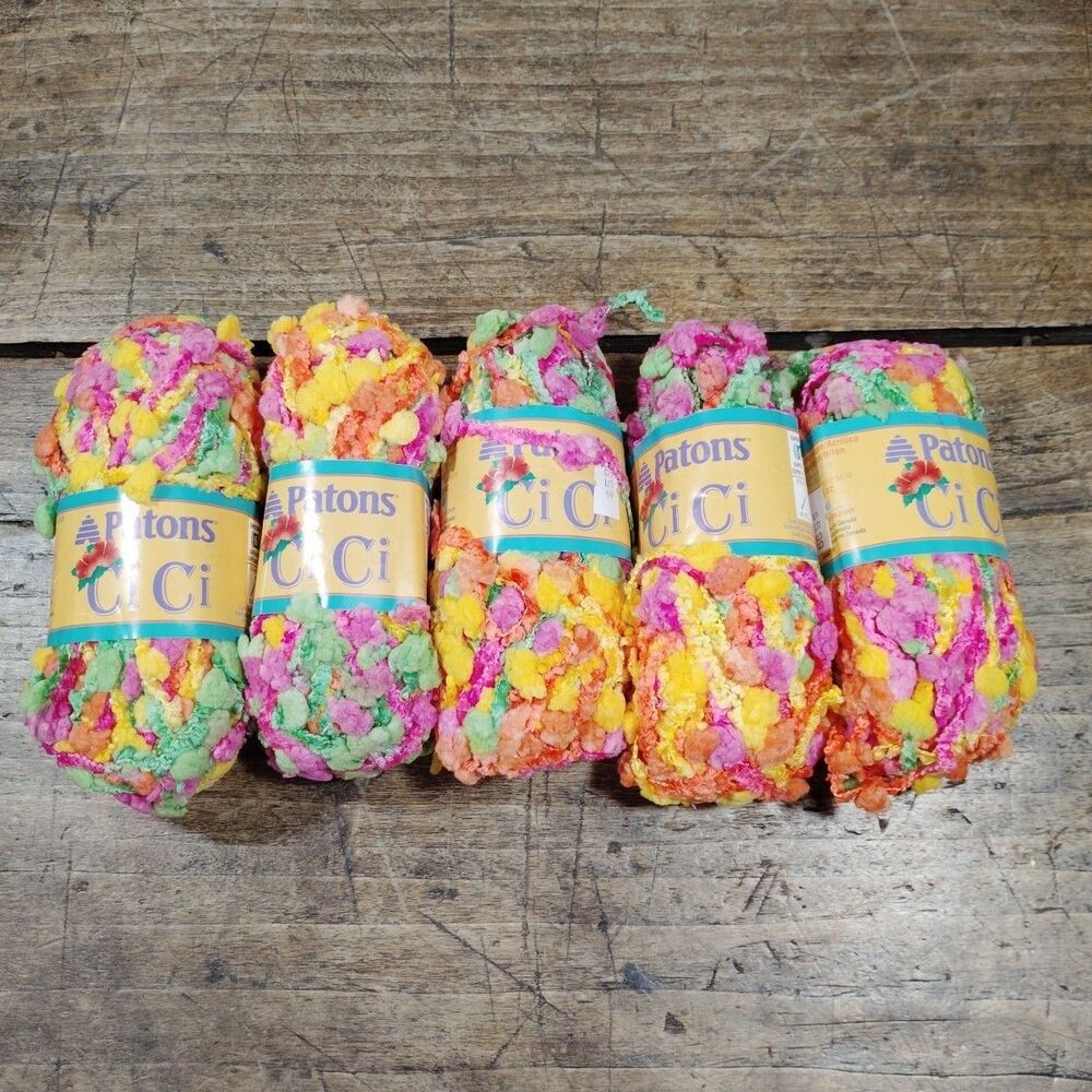 FIVE Skeins Patons Ci Ci Yarn Lot Pom Pom Novelty Multicolor CARNIVAL Super Bulk